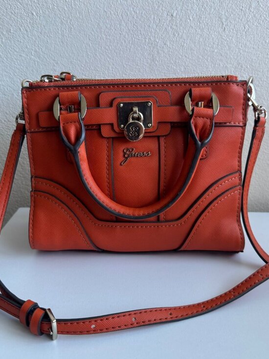 Guess Handbags - NWT Guess Greyson Mini Satchel Orange Crossbody Bag Gold Hardware Structured